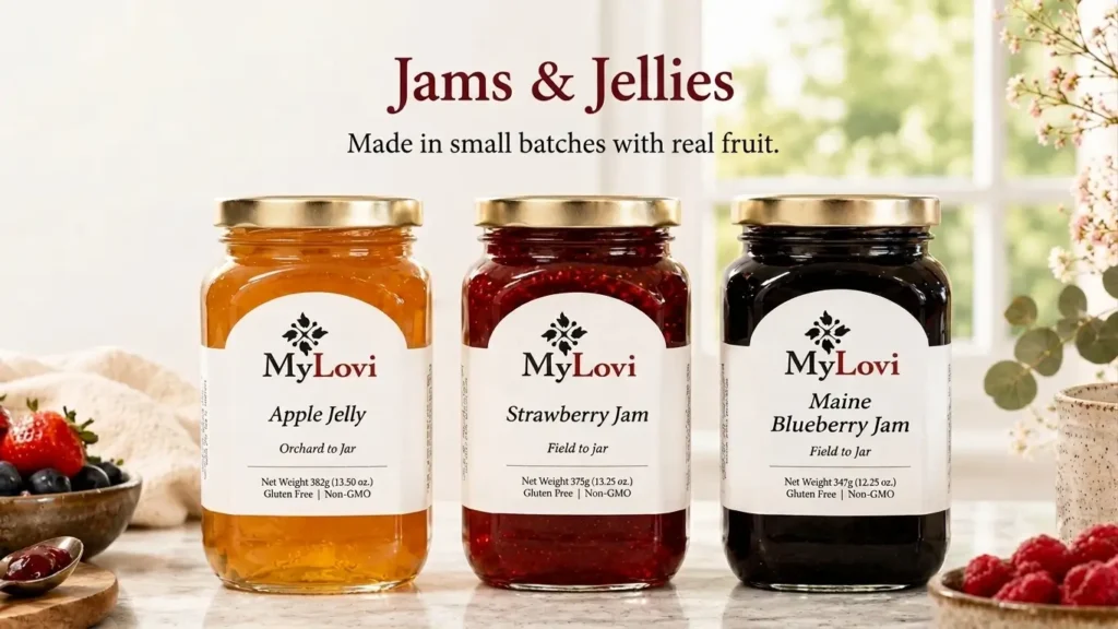 Three jars of jams on a marble counter in a kitchen setting