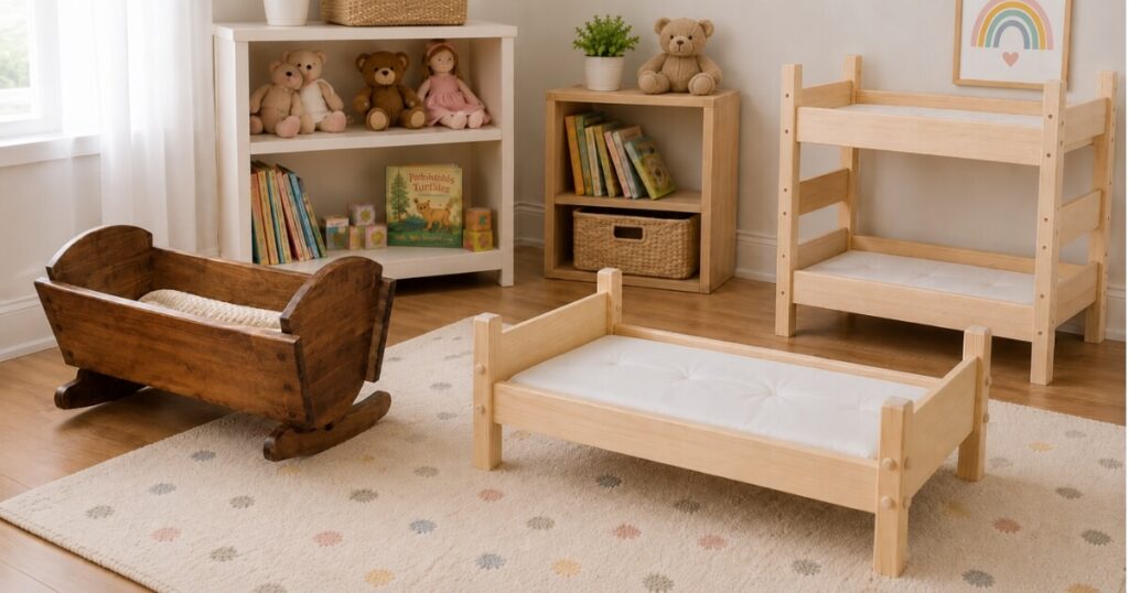 Handmade wooden 18-inch doll furniture including a natural pine single bed, a wooden bunk bed, and a dark stain rocking cradle set in a cozy nursery room.