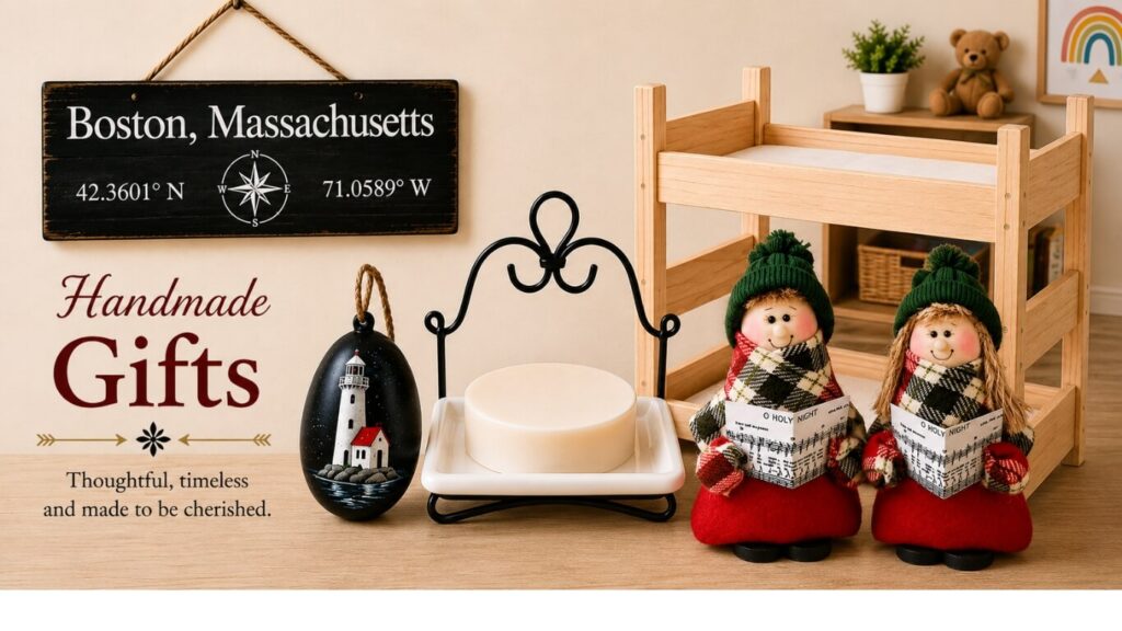 My Lovi category header featuring handmade wood signs, holiday caroler plush dolls, natural soap, and doll furniture.
